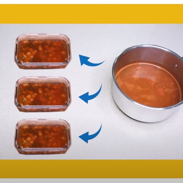 Image of soup being divided into multiple containers